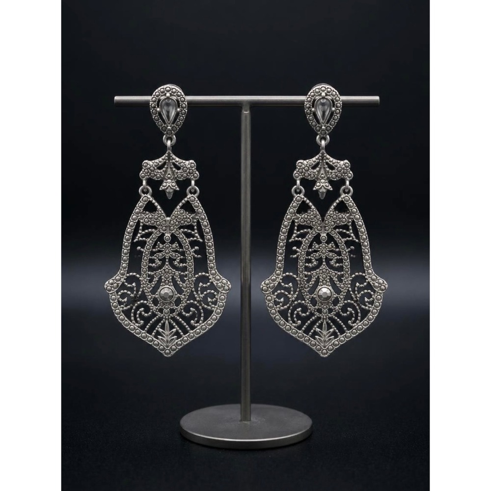Ornate Antiqued Silver Filigree Chandelier Statement Earrings